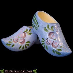 VINTAGE: Light Blue Ceramic Dutch Clog Planters with Painted Floral Designs HTF